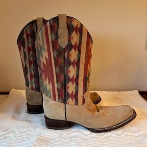 Circle G Women's Tan Suede Heeled Boots with Red & Teal Aztec Shaft Women’s 12